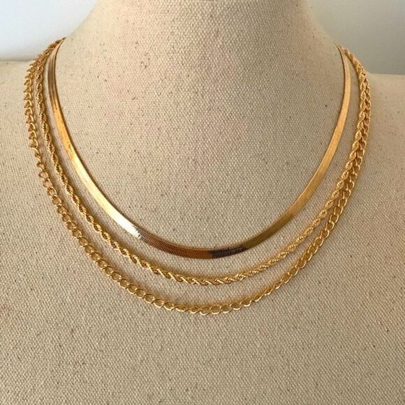 Men’s Gold Layered Necklaces Triple Strand Stacked Chain Necklace Stack NEW - Picture 2 of 6